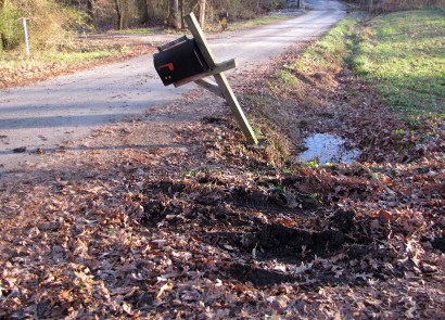 Mailbox leaning against side of ditch.