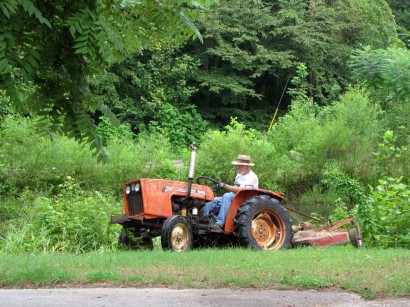 Mowing close to pond edge. Mowing banks of pond.