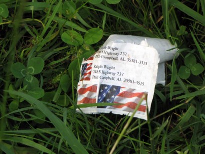 picture of address labels blown 110 miles from Phil Campbell
